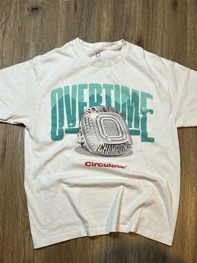 White Overtime Graphic Tee with Teal Print and Red Accent